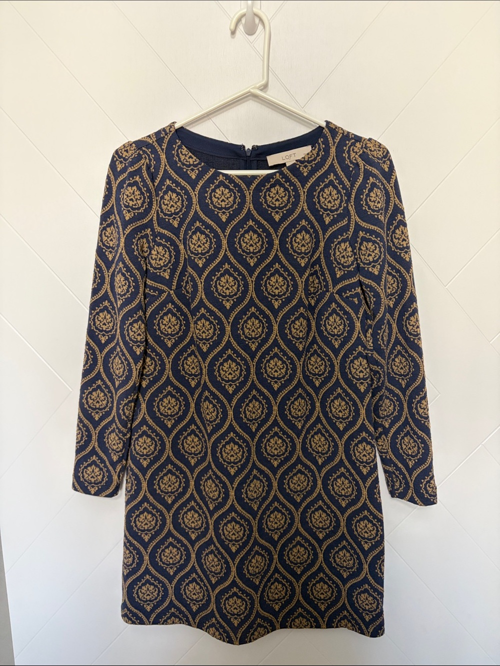 LOFT Navy and Gold Medallion Long Sleeve Dress